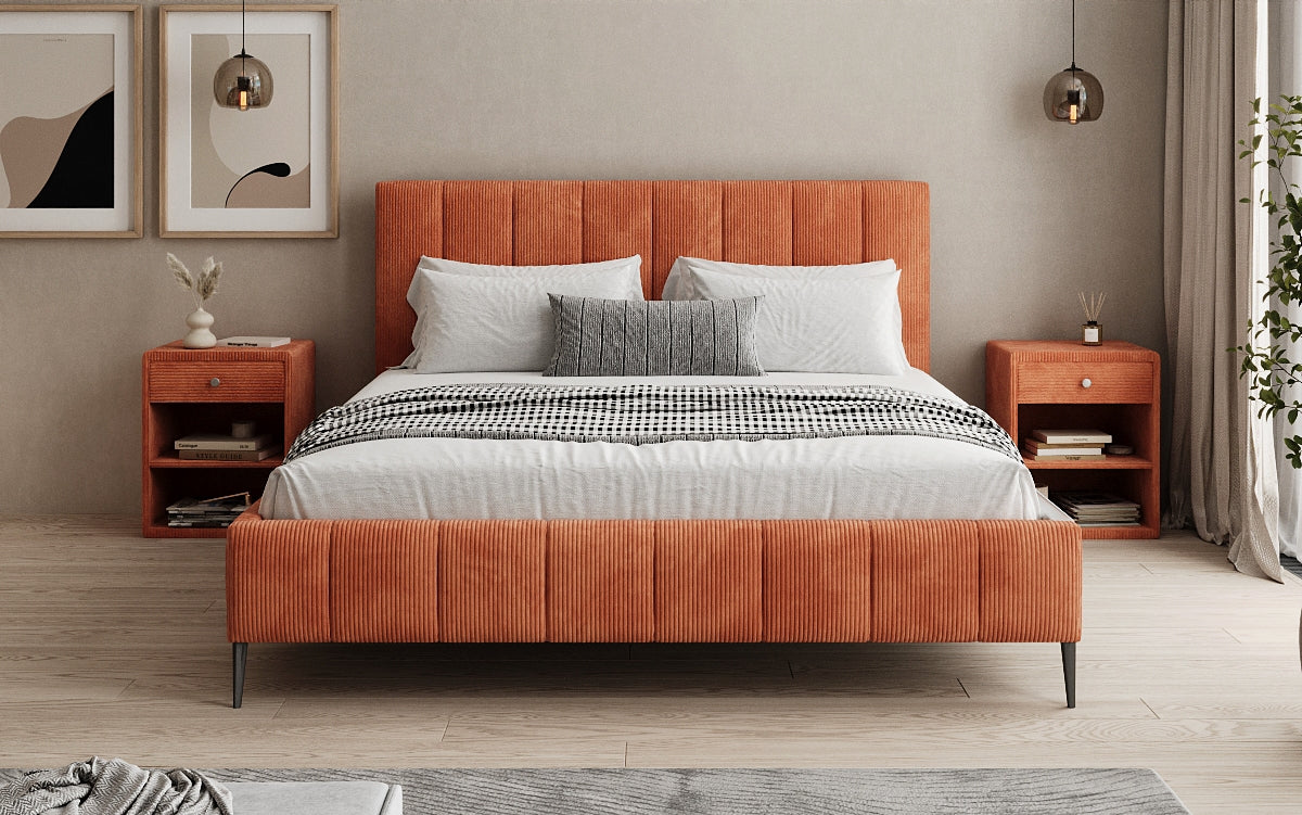 Designer gestoffeerd bed Astrid in Ribstof met opbergruimte