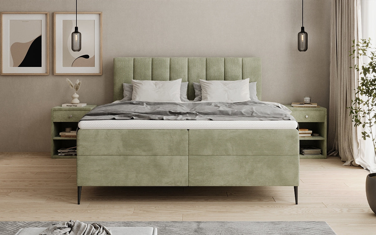 Boxspringbed Lucca in Ribstof met opbergruimte en poten