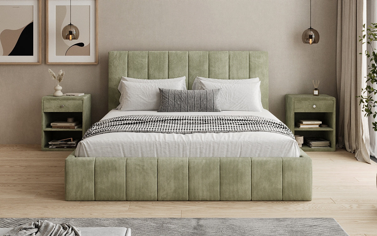 Designer gestoffeerd bed Maja in Ribstof met opbergruimte