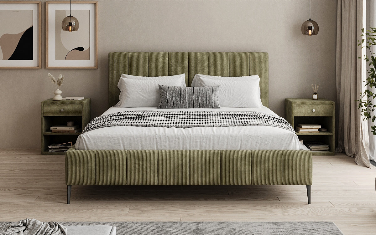 Designer gestoffeerd bed Astrid in Ribstof met opbergruimte