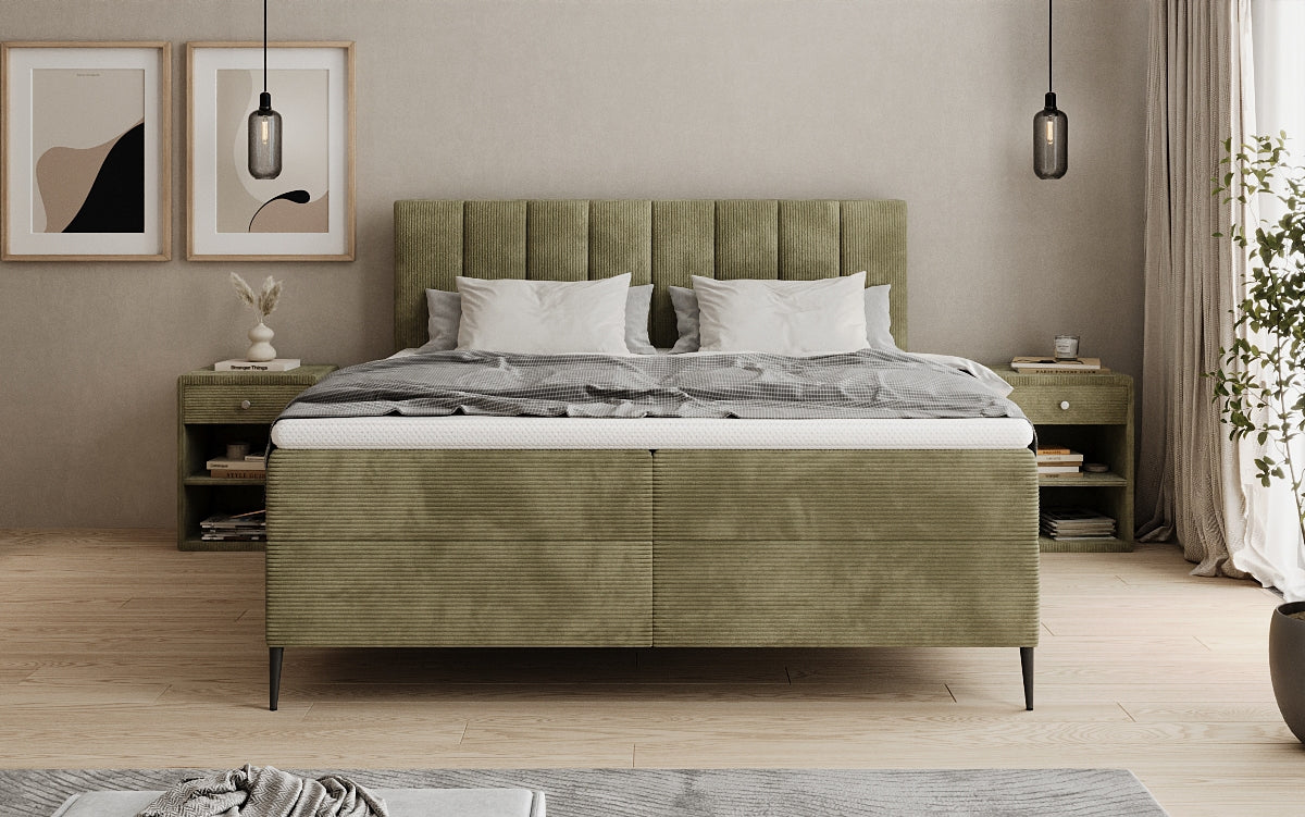 Boxspringbed Lucca in Ribstof met opbergruimte en poten