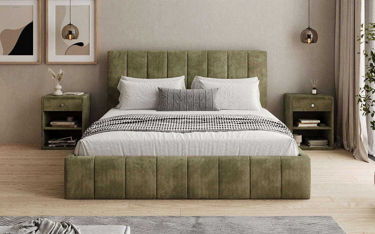 Designer gestoffeerd bed Maja in Ribstof met opbergruimte