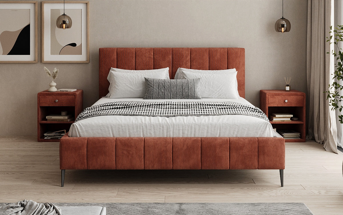 Designer gestoffeerd bed Astrid in Ribstof met opbergruimte
