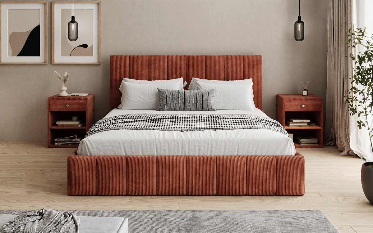 Designer gestoffeerd bed Mila in Ribstof met opbergruimte