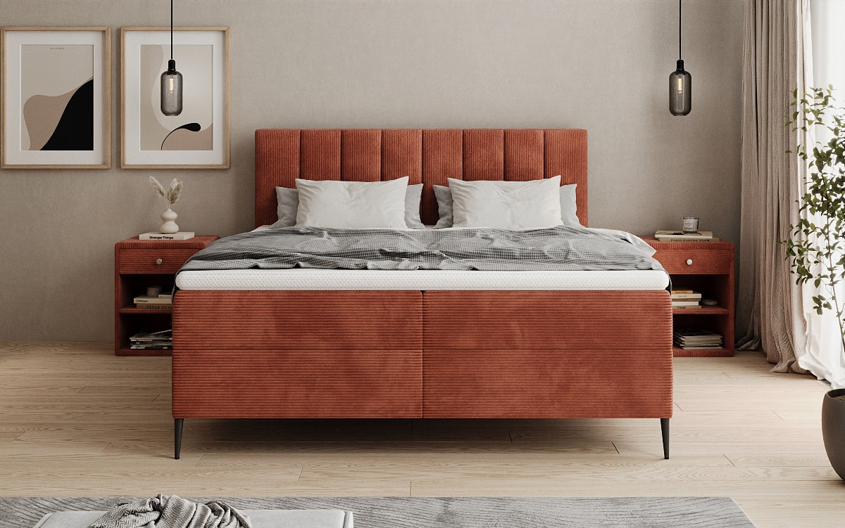 Boxspringbed Lucca in Ribstof met opbergruimte en poten