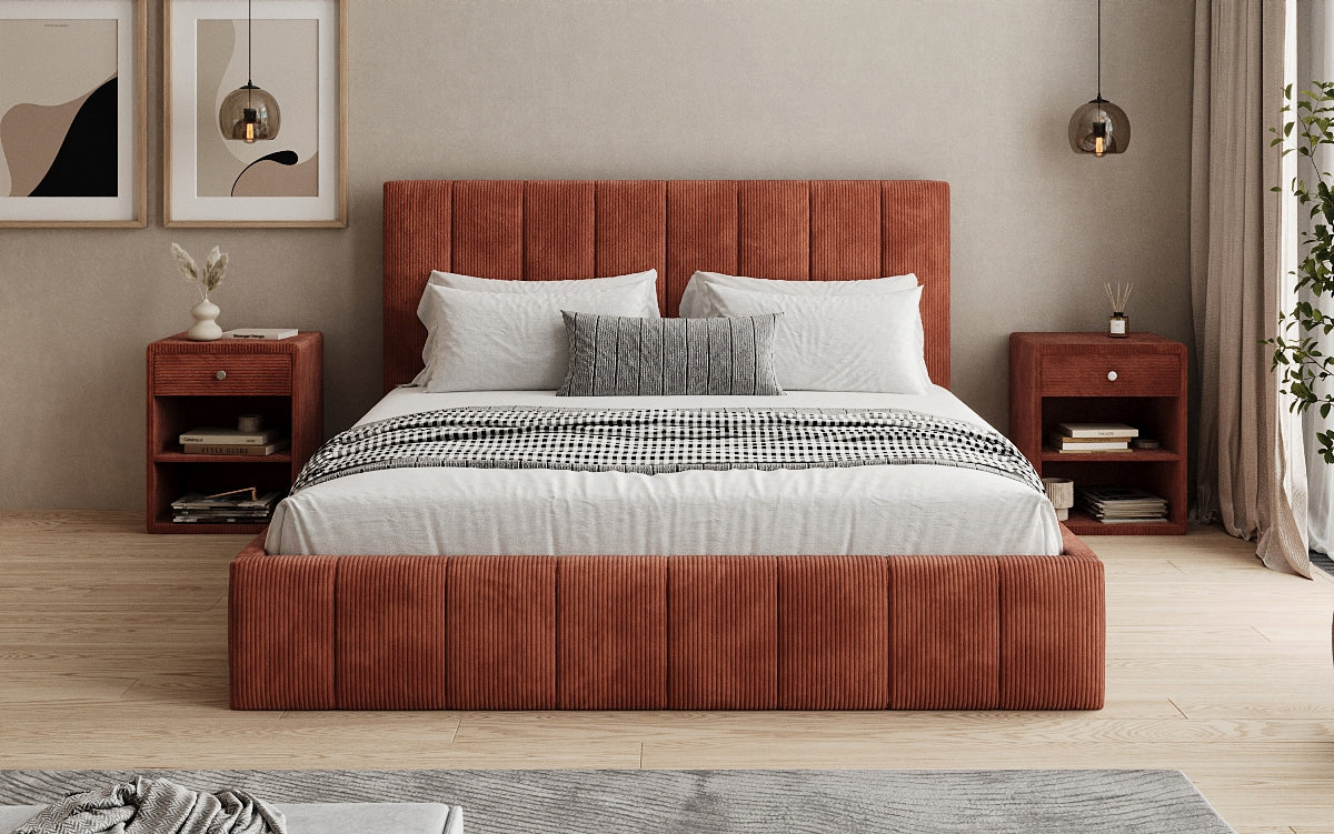 Designer gestoffeerd bed Maja in Ribstof met opbergruimte