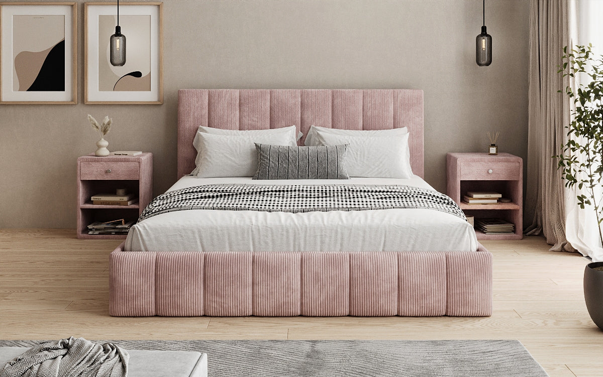 Designer gestoffeerd bed Mila in Ribstof met opbergruimte