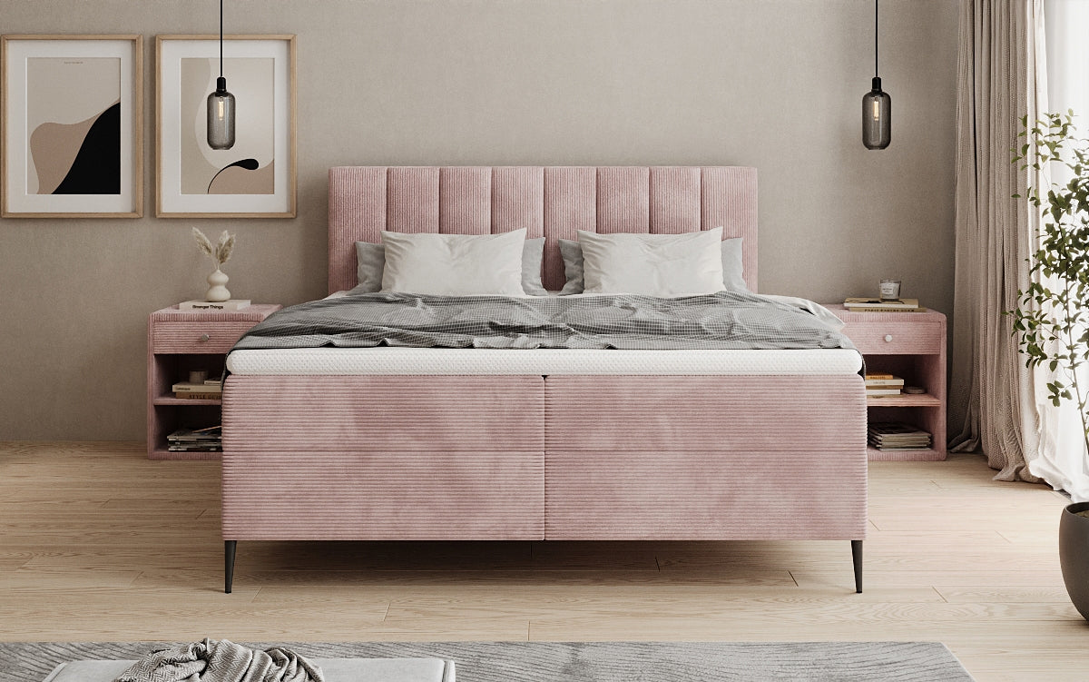 Boxspringbed Lucca in Ribstof met opbergruimte en poten