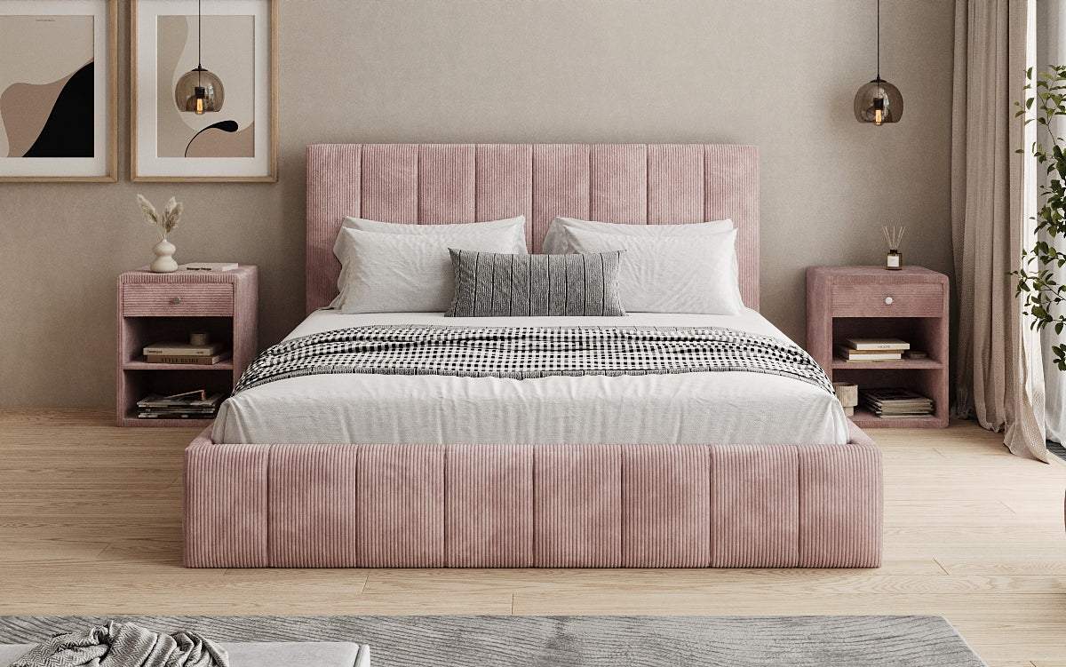 Designer gestoffeerd bed Maja in Ribstof met opbergruimte