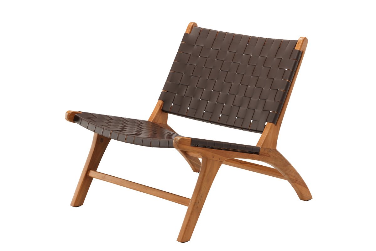 Designer lounge fauteuil Tevari – vlechtwerk van teak & lederlook bruin