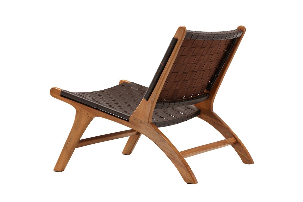 Designer lounge fauteuil Tevari – vlechtwerk van teak & lederlook bruin