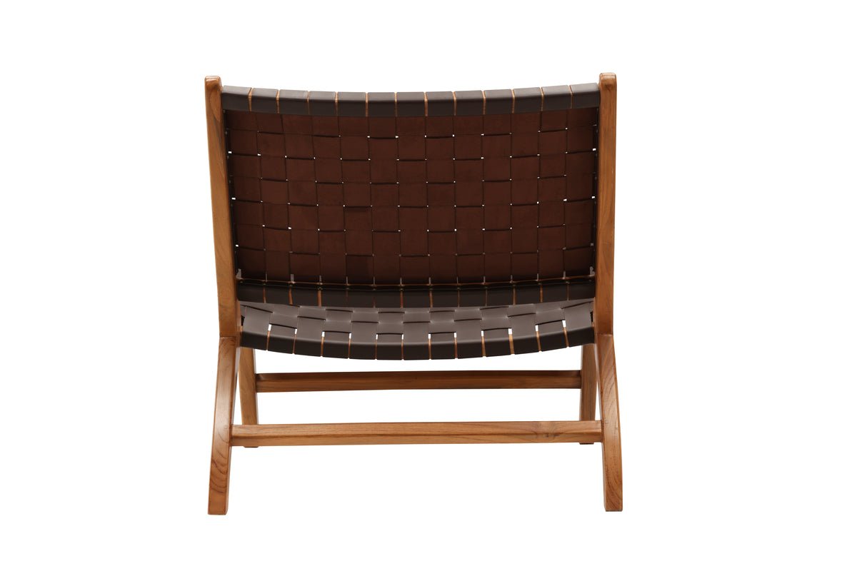 Designer lounge fauteuil Tevari – vlechtwerk van teak & lederlook bruin