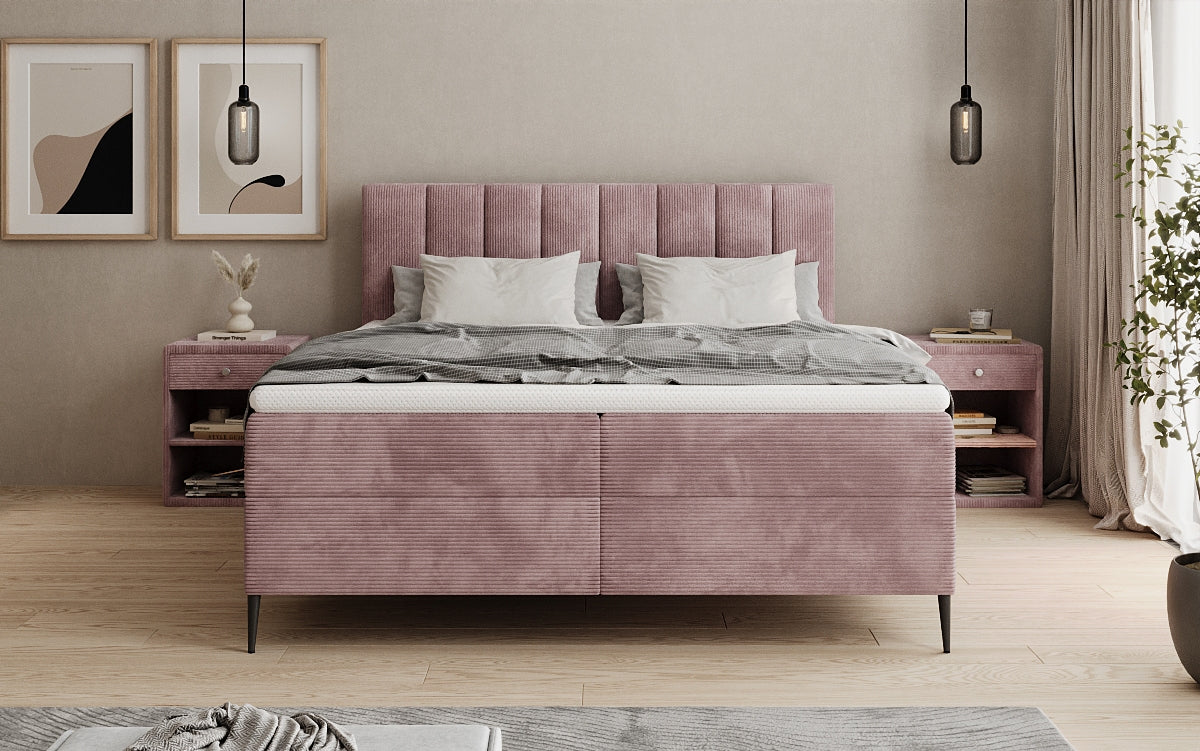 Boxspringbed Lucca in Ribstof met opbergruimte en poten