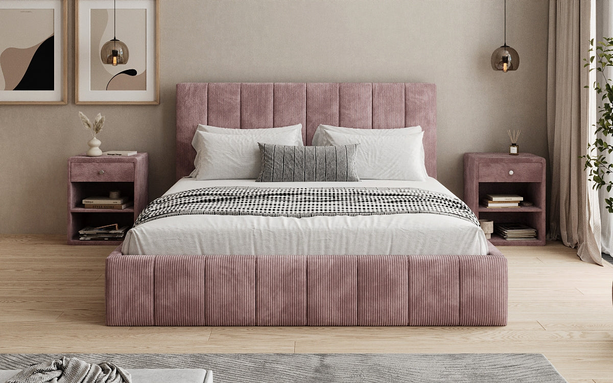 Designer gestoffeerd bed Maja in Ribstof met opbergruimte