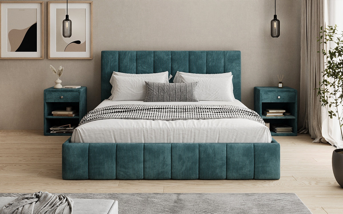 Designer gestoffeerd bed Mila in Ribstof met opbergruimte