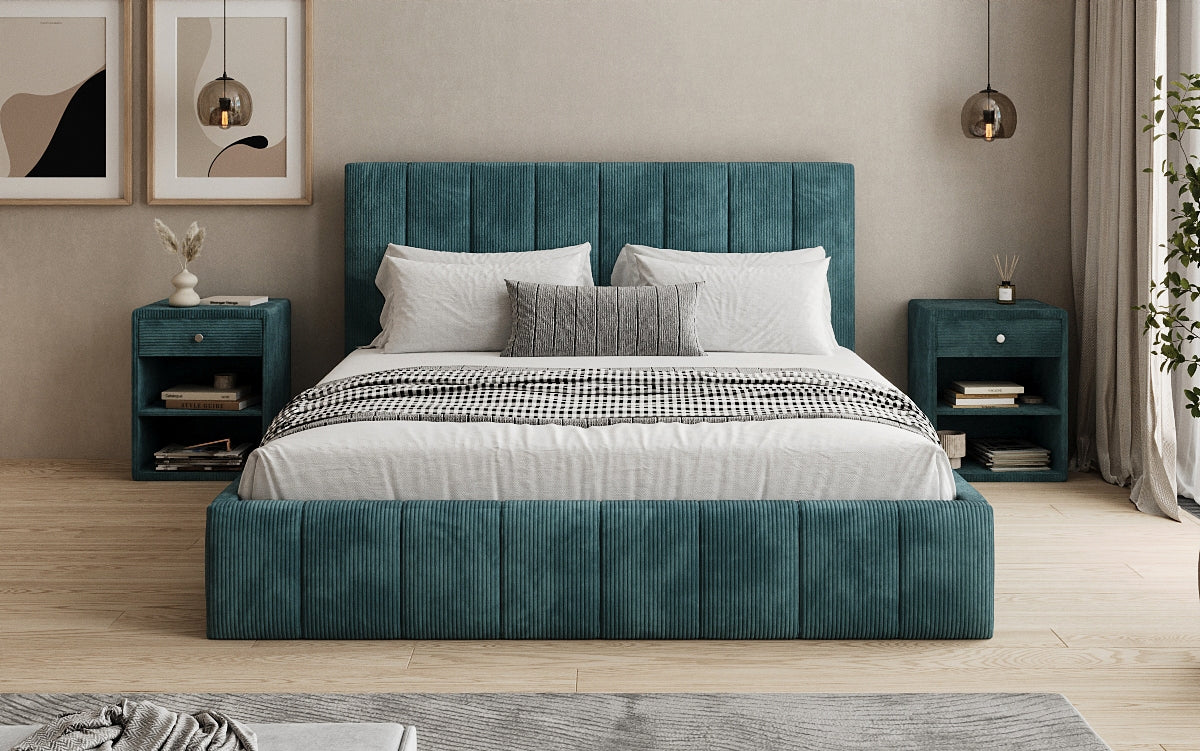 Designer gestoffeerd bed Maja in Ribstof met opbergruimte