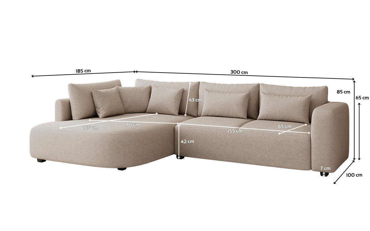 Designer hoekbank Ando met brede ottomane in structuurstof