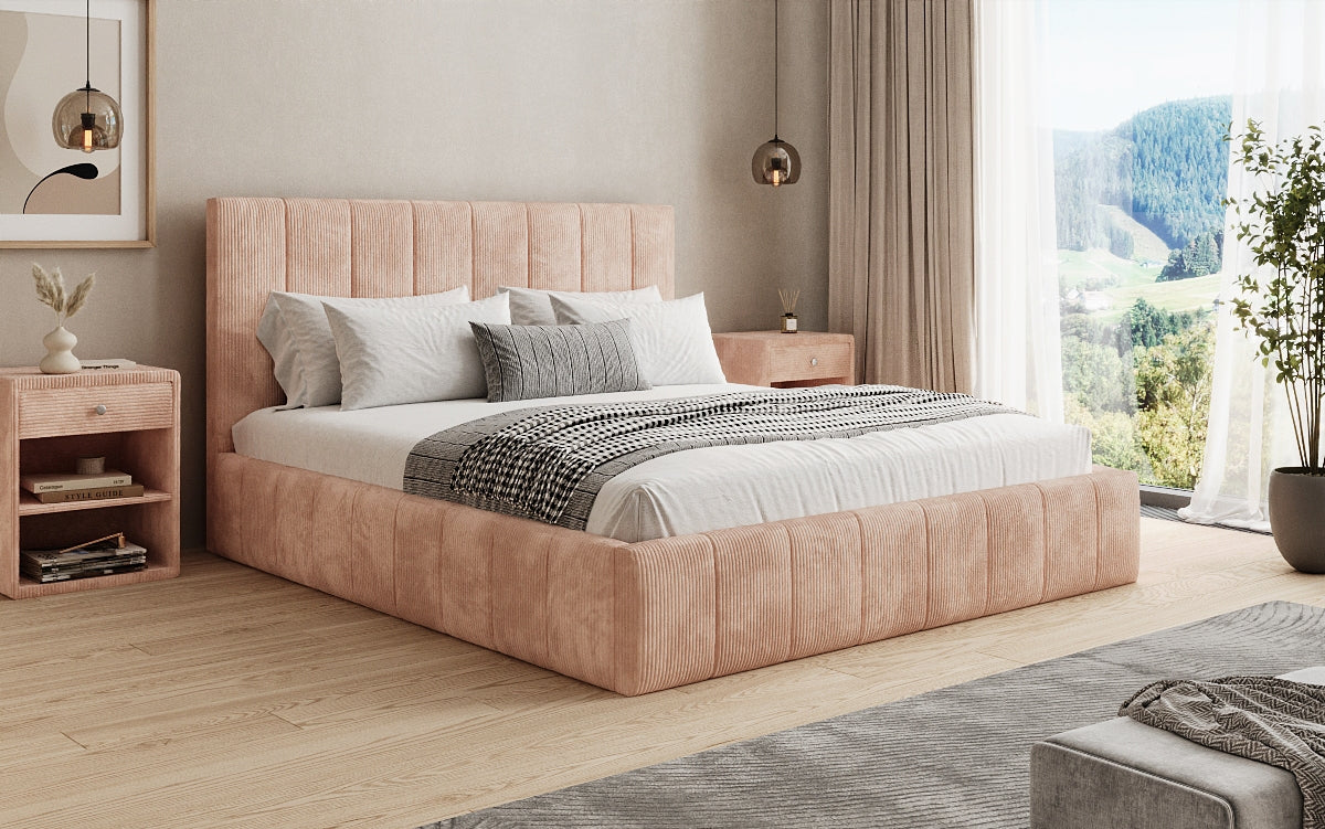 Designer gestoffeerd bed Maja in Ribstof met opbergruimte