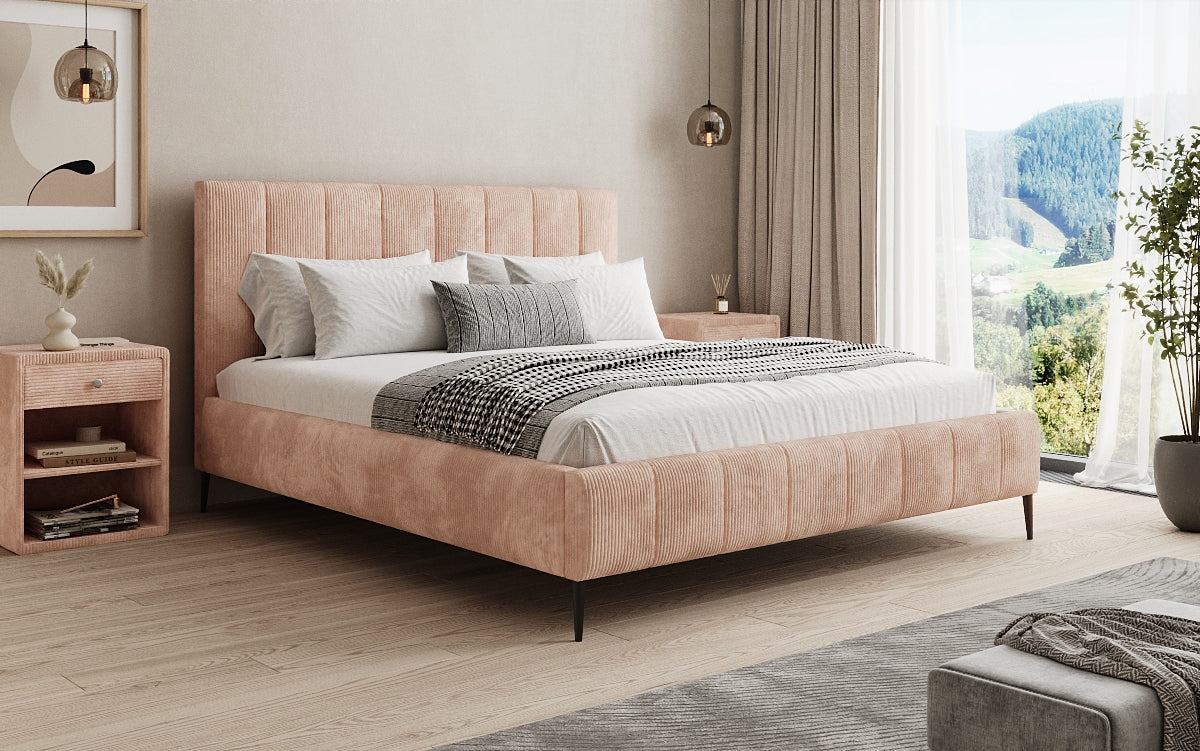 Designer gestoffeerd bed Astrid in Ribstof met opbergruimte