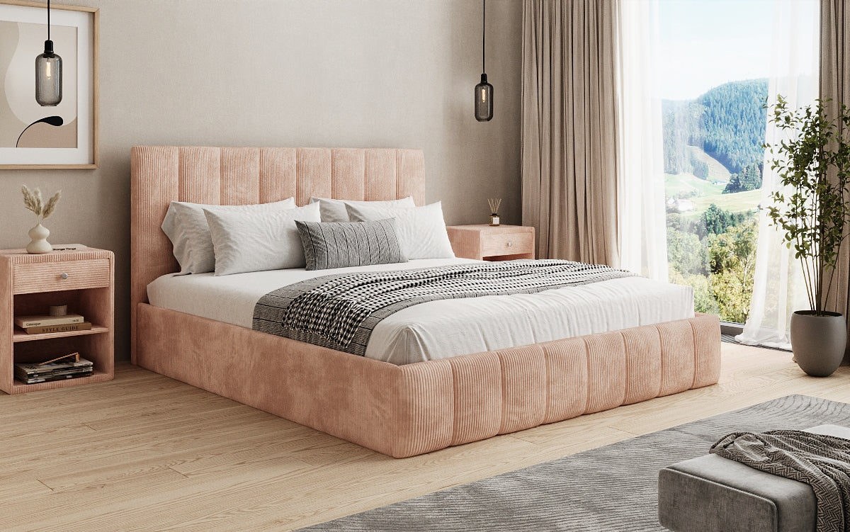 Designer gestoffeerd bed Mila in Ribstof met opbergruimte