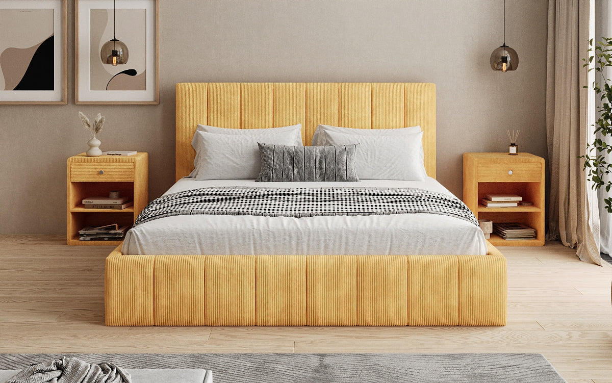 Designer gestoffeerd bed Maja in Ribstof met opbergruimte