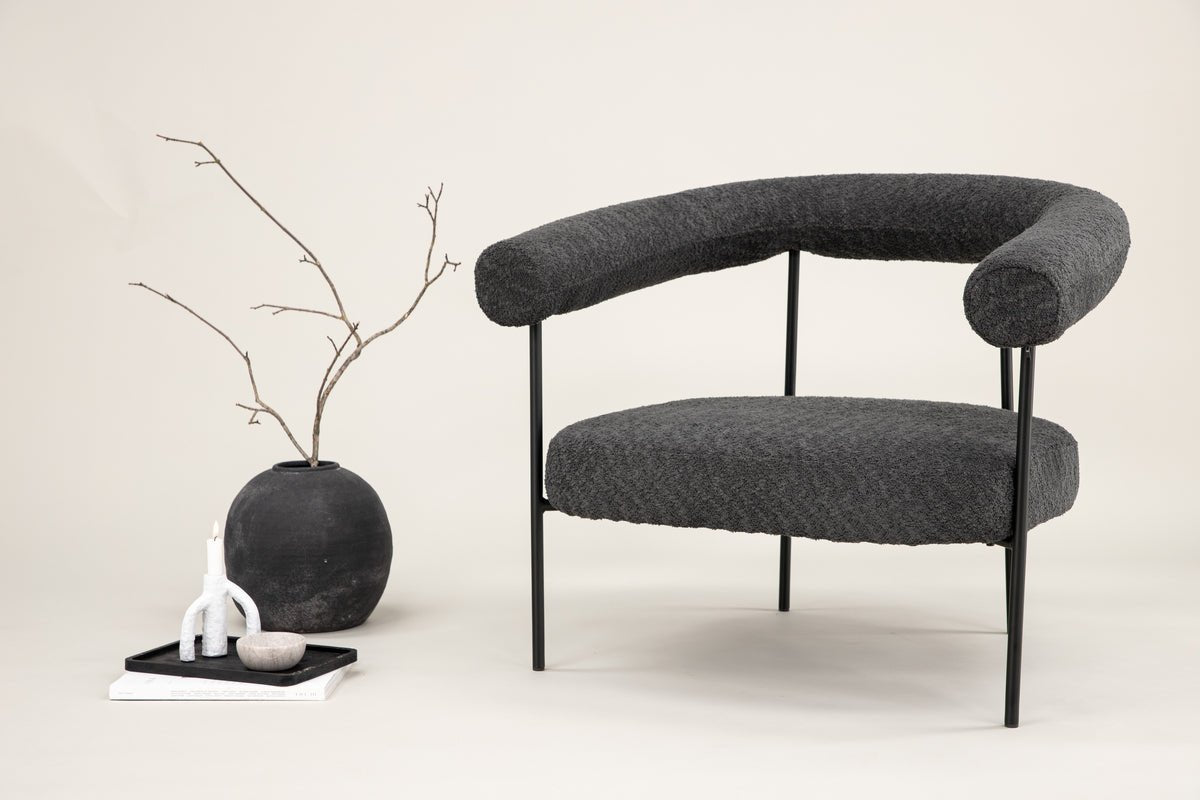 Designer loungestoel Haga – Antraciet, Bouclé met stalen frame