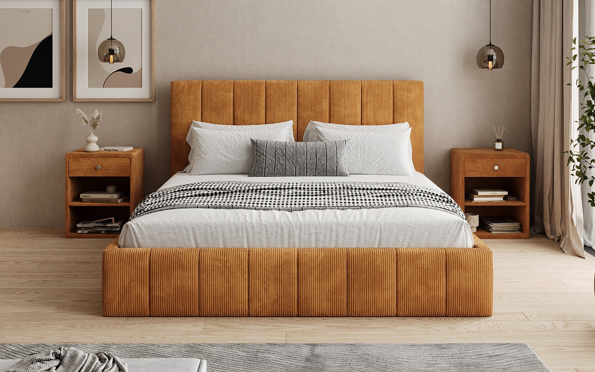 Designer gestoffeerd bed Maja in Ribstof met opbergruimte
