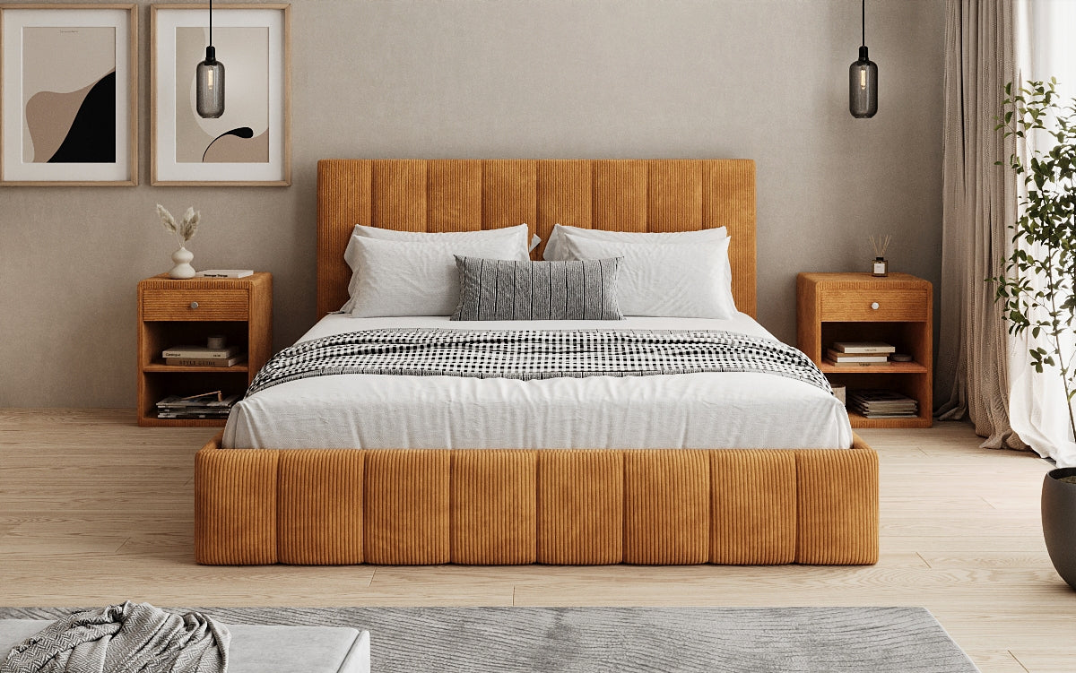 Designer gestoffeerd bed Mila in Ribstof met opbergruimte