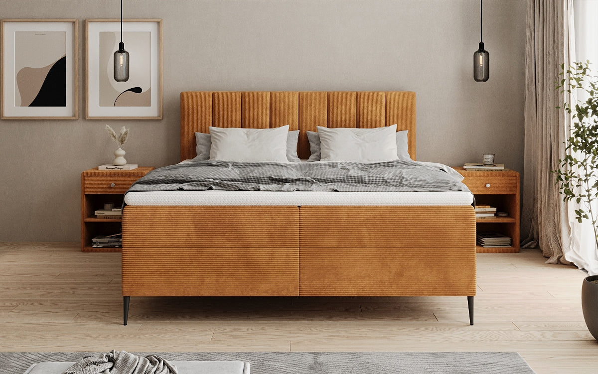 Boxspringbed Lucca in Ribstof met opbergruimte en poten