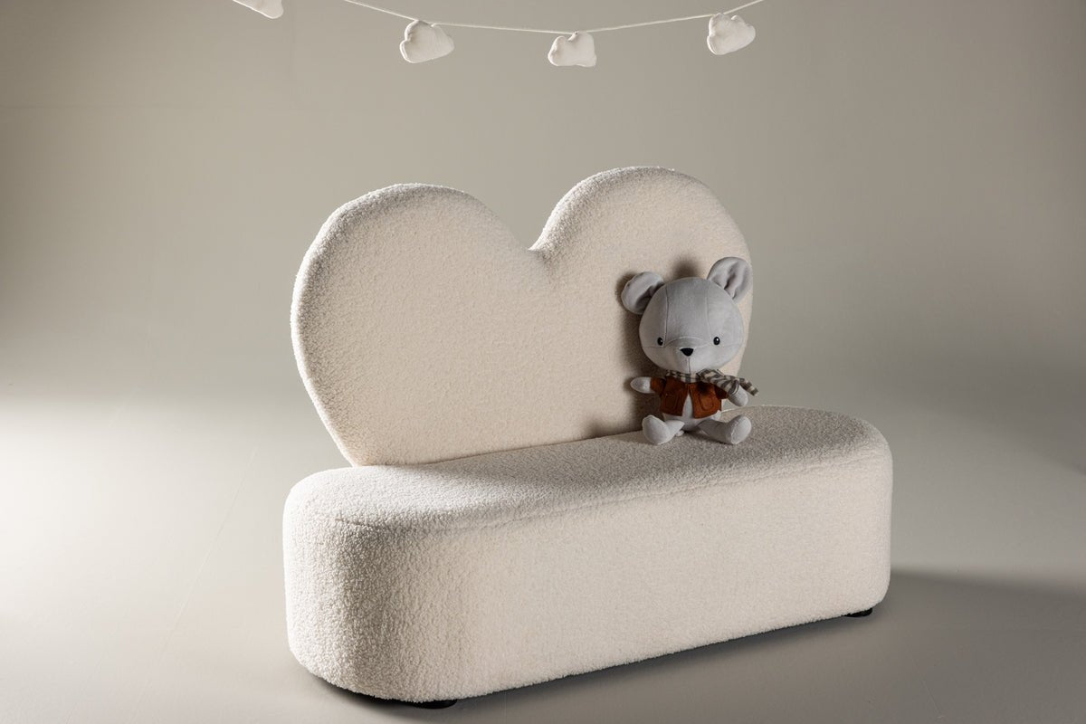 Kindersofa Miela – Hartvormige 2-zits in Wit met teddybekleding