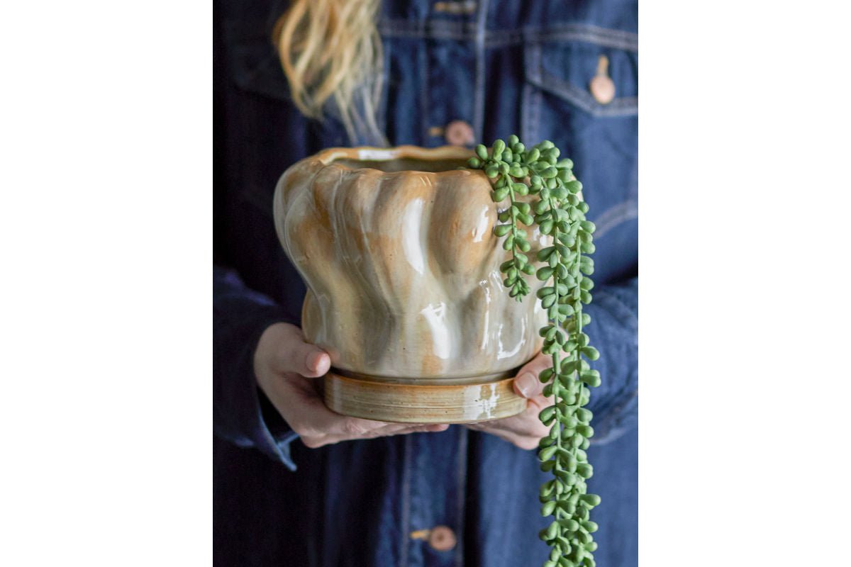 Bloempot „Aurelia“ met onderschotel – steengoed met glanzende glazuur