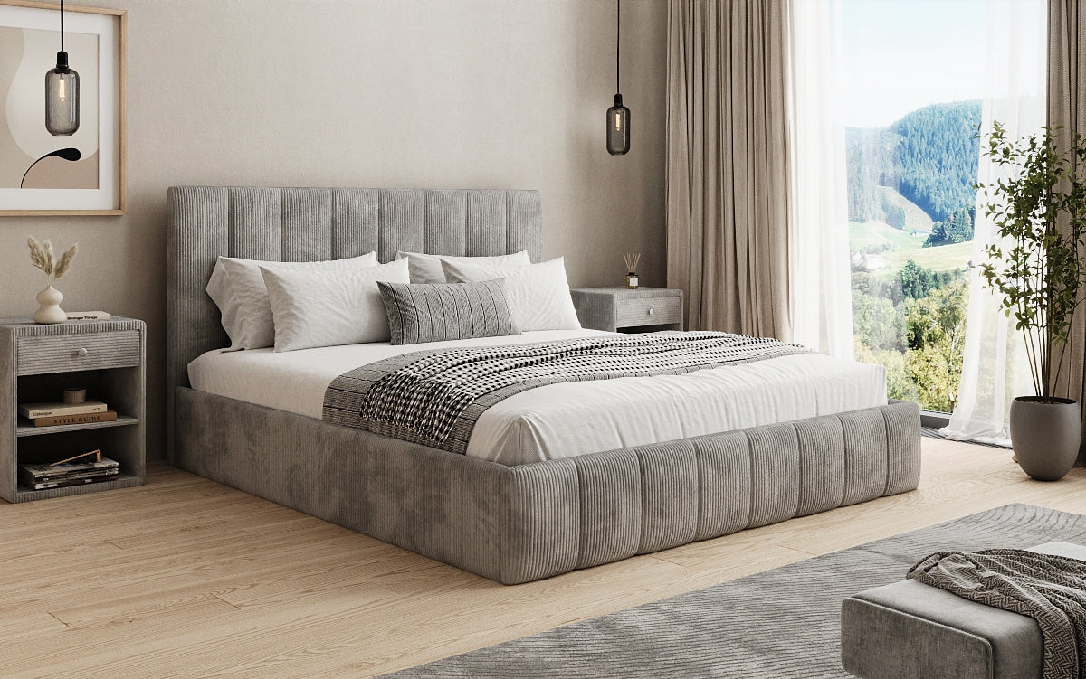 Designer gestoffeerd bed Mila in Ribstof met opbergruimte