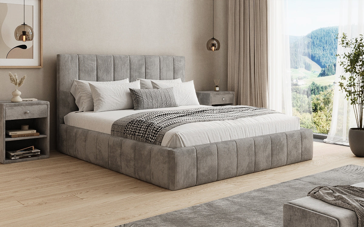 Designer gestoffeerd bed Maja in Ribstof met opbergruimte