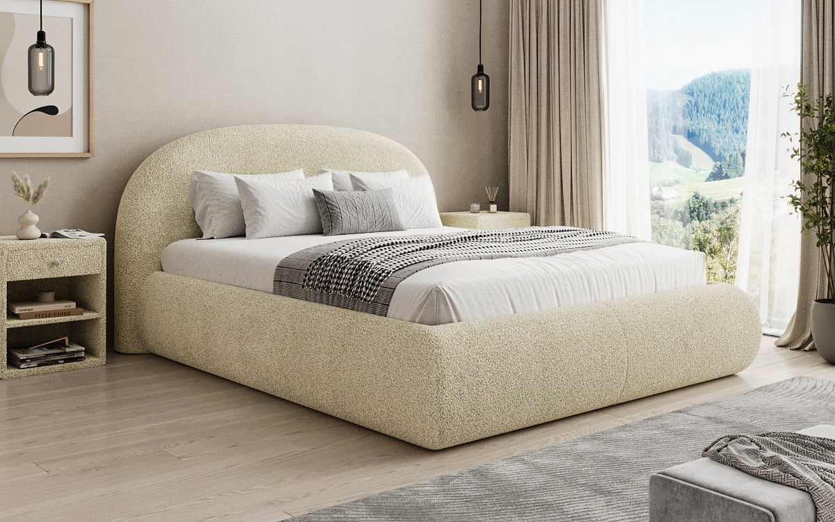 Designer gestoffeerd bed Loop in Teddystof Bouclé met opbergruimte