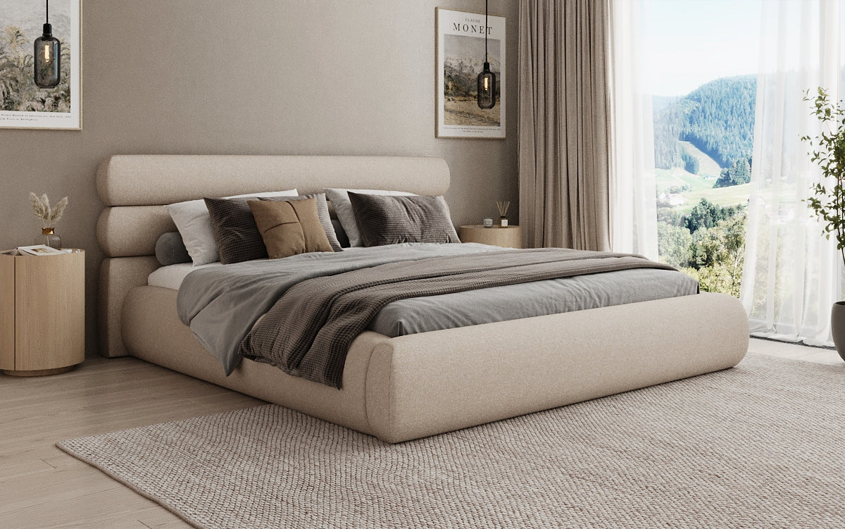 Designer gestoffeerd bed Joline in structuurstof met opbergruimte