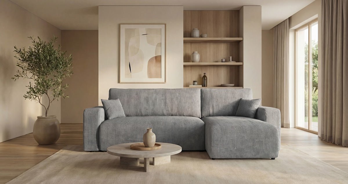 Designsofa Calva met slaap- en uitklapfunctie in Ribstof
