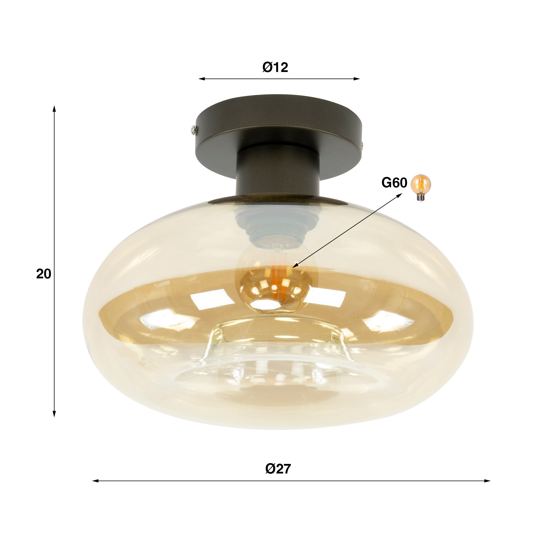 Plafondlamp „Amberis“ – Ronde glazen lamp in barnsteenkleur