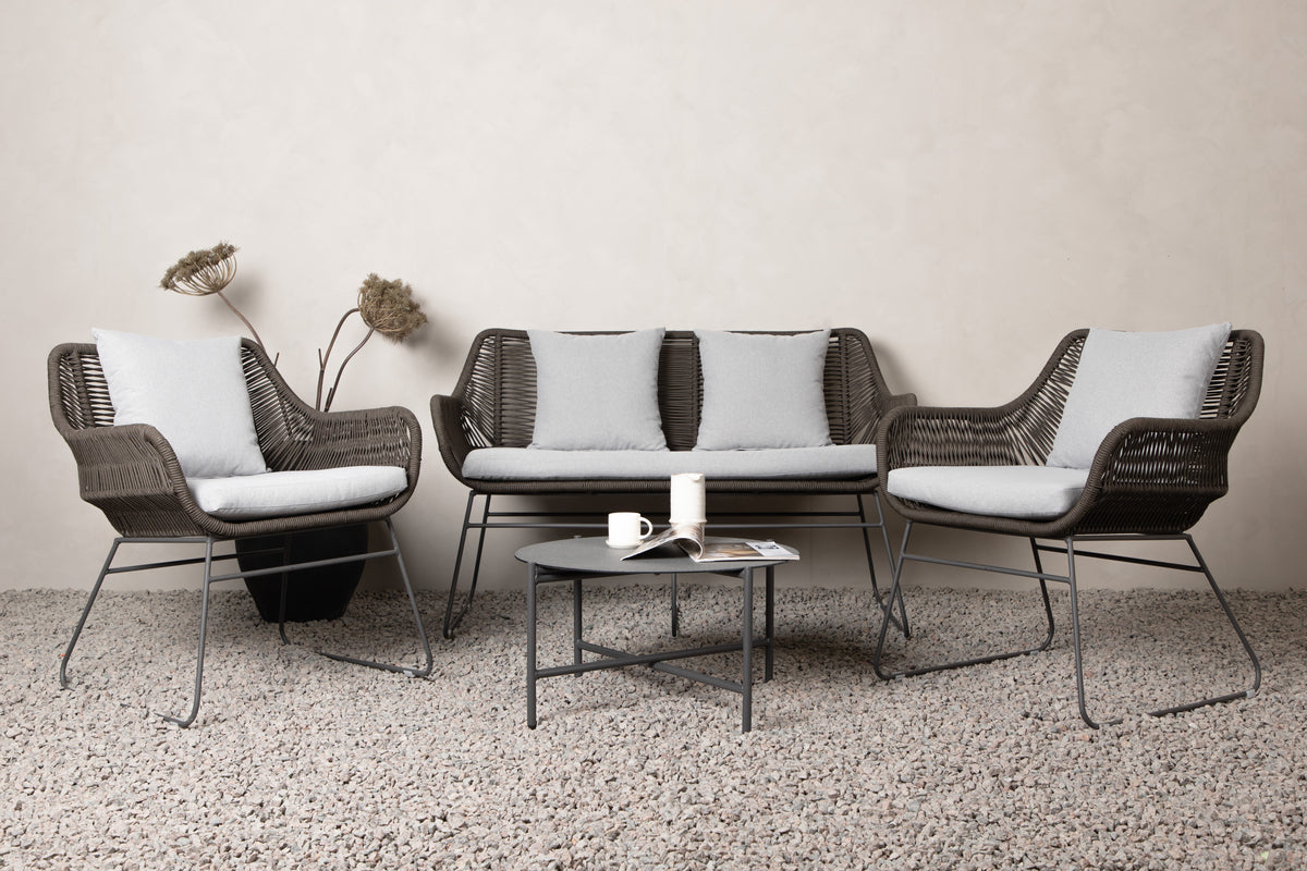 Tuin Loungeset David – weerbestendig met fauteuils & ronde glazen tafel