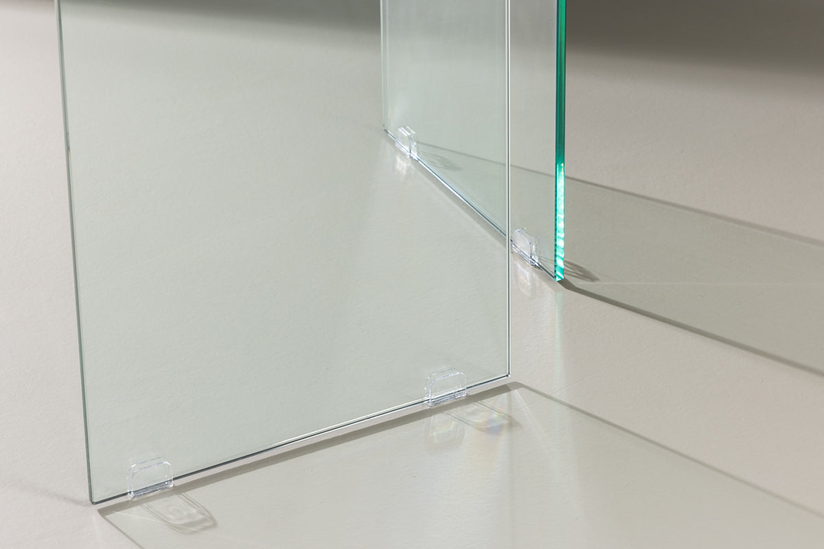 Eettafel Brevon - moderne eettafel op een glazen frame met lichtgrijs tafelblad