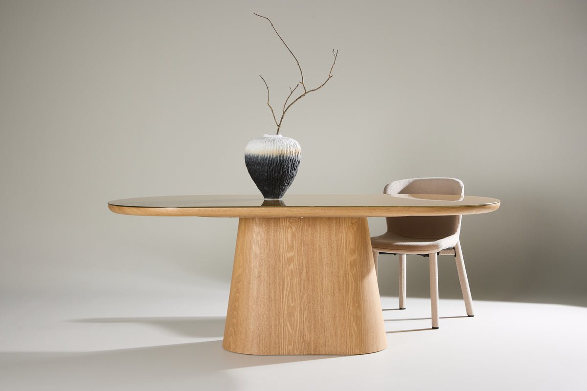 Eettafel Trianda - ovale eettafel in natuurlijke look met glazen blad