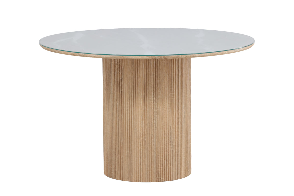 Eettafel Orlén – Ronde design-eettafel Ø120 cm met glazen blad en geribbelde voet
