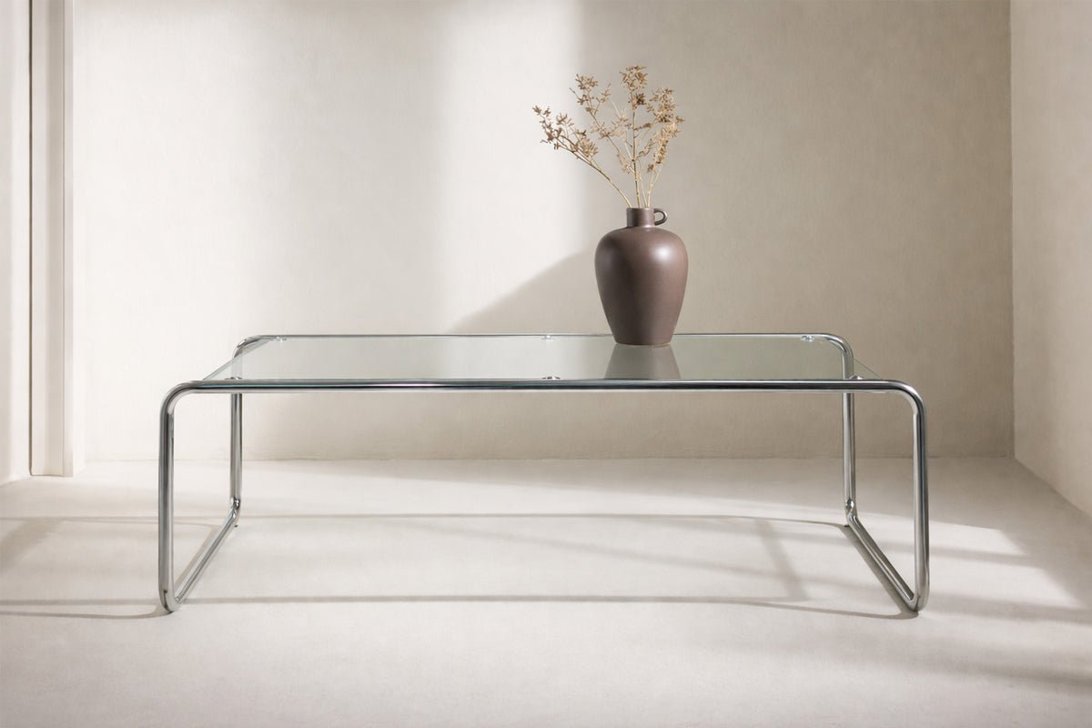 Salontafel Andi - Glazen tafel met zilverkleurig metalen frame