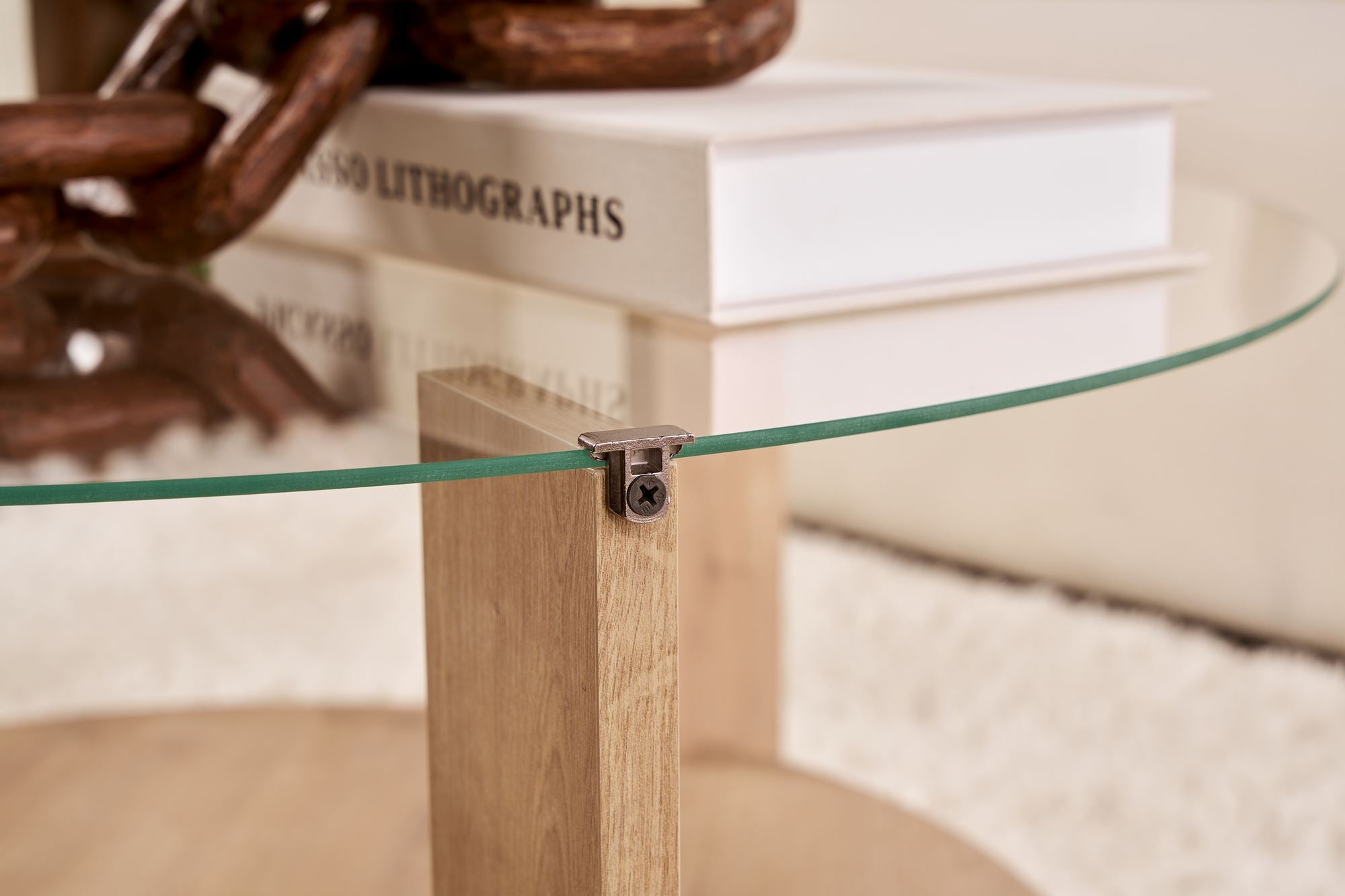 Salontafel Davira - met ronde glazen plaat en houtlook