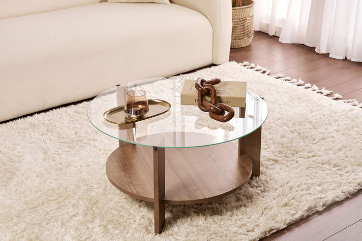 Salontafel Davira - met ronde glazen plaat en houtlook