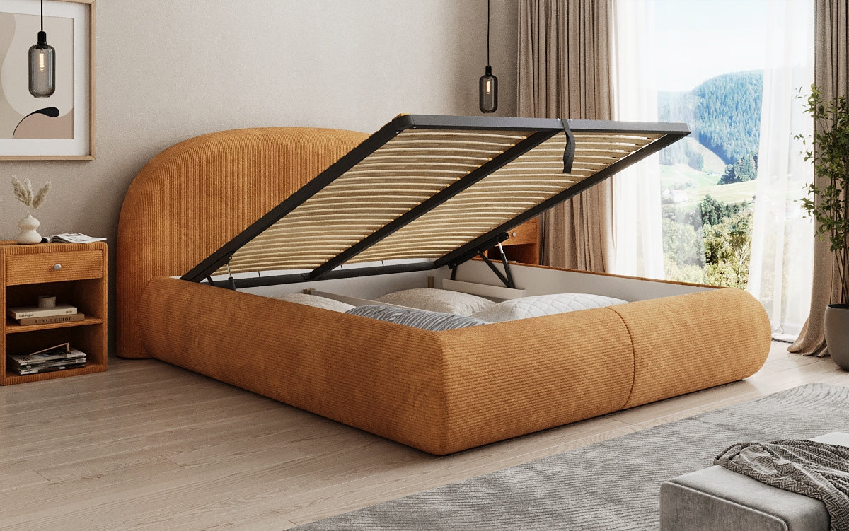 Design gestoffeerd bed Loop in Ribstof met opbergruimte