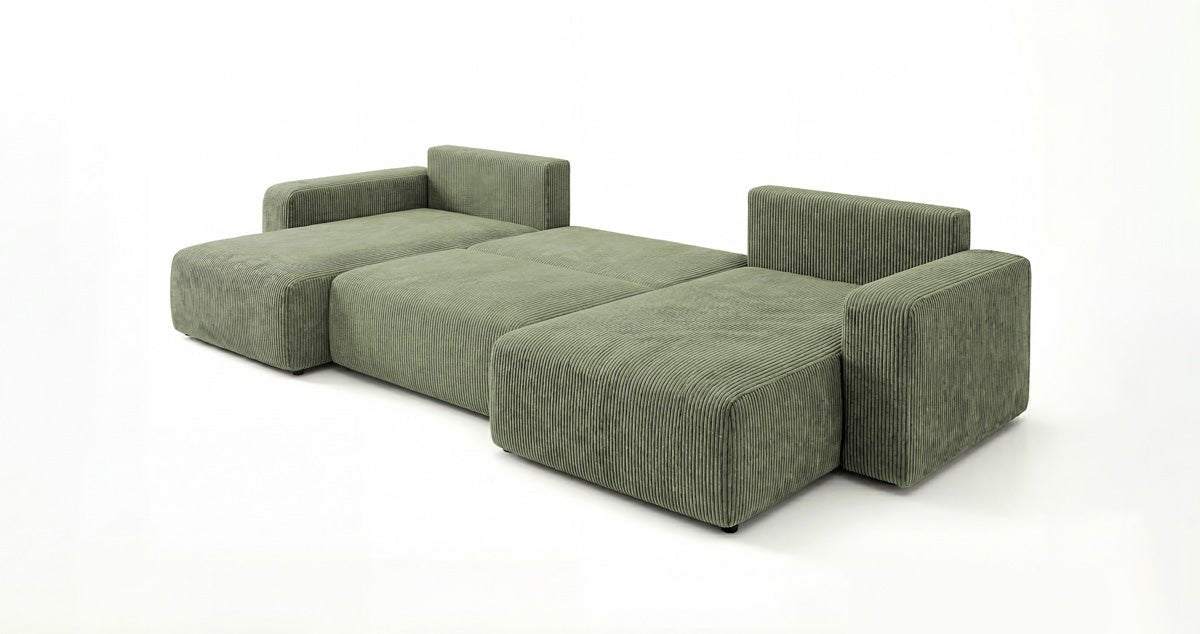 Designbank Noma U met slaapfunctie en opbergruimte in Ribstof