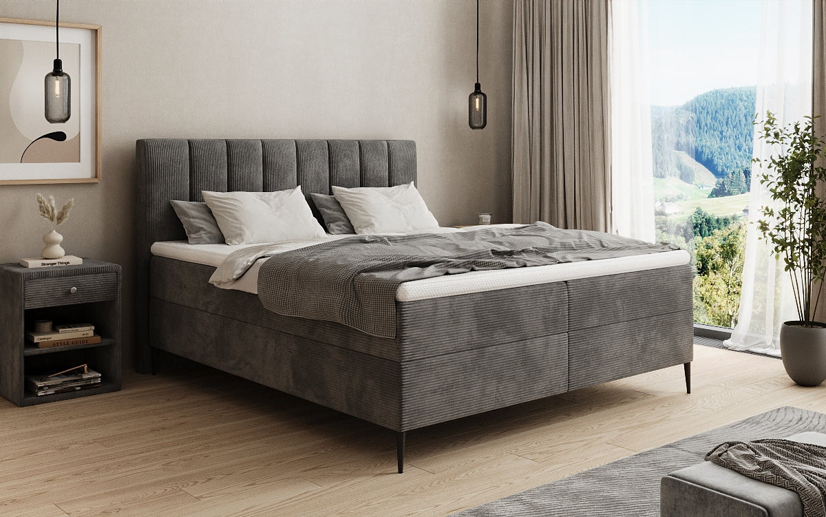 Boxspringbed Lucca in Ribstof met opbergruimte en poten