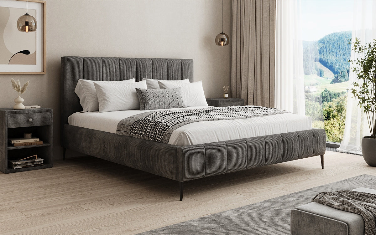 Designer gestoffeerd bed Astrid in Ribstof met opbergruimte