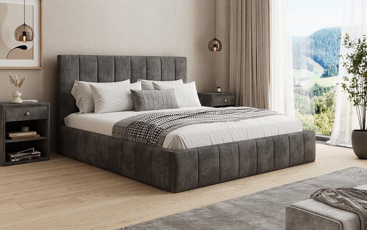 Designer gestoffeerd bed Maja in Ribstof met opbergruimte
