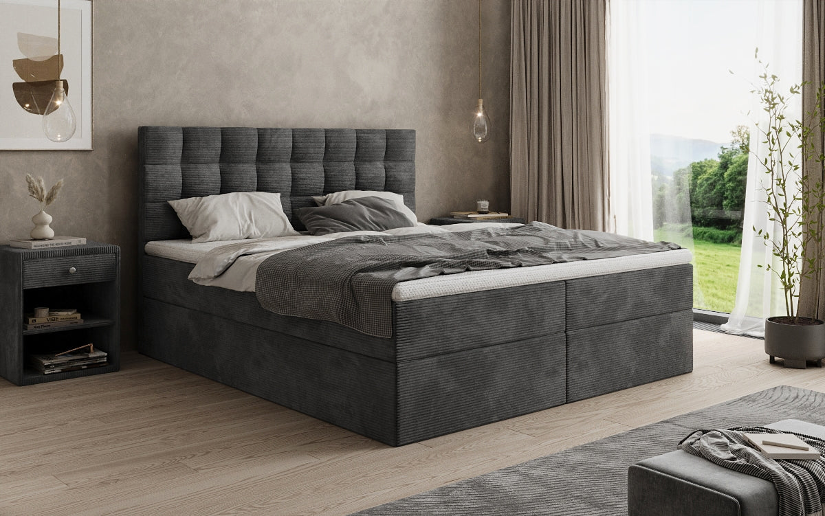 Boxspringbed Como in Ribstof met opbergruimte